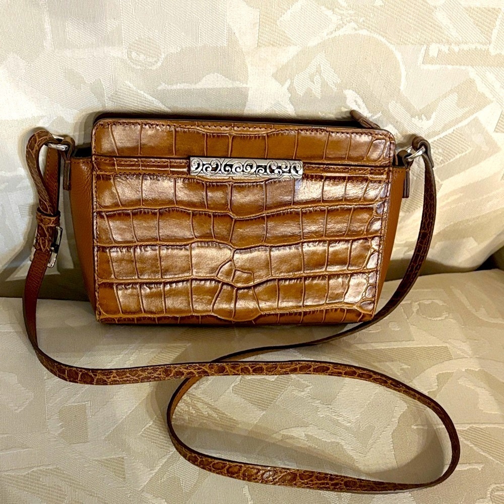 Brighton Croc Embossed genuine leather Crossbody Bag brown adjustable strap